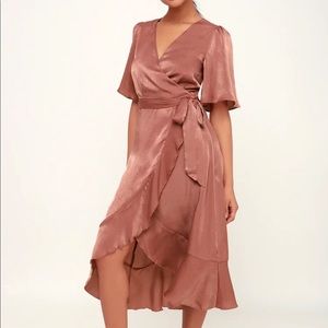 Wrapped Up In Love Mauve Satin Faux-Wrap Midi